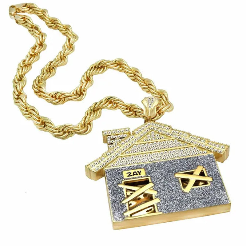 Hip Hop Luxury Diamond Jewelry Mens 14K Gold Plated Huge Trap House Pendant / 10
