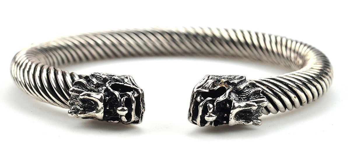 Men Women Fashion Jewelry Silvertone Double Two Dragon Head Bangle Bracelet - BC