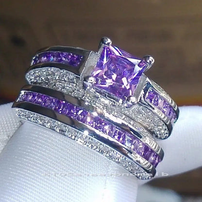 2Pcs Set Princess 925 Sterling Silver White Sapphire & Diamond Wedding Ring