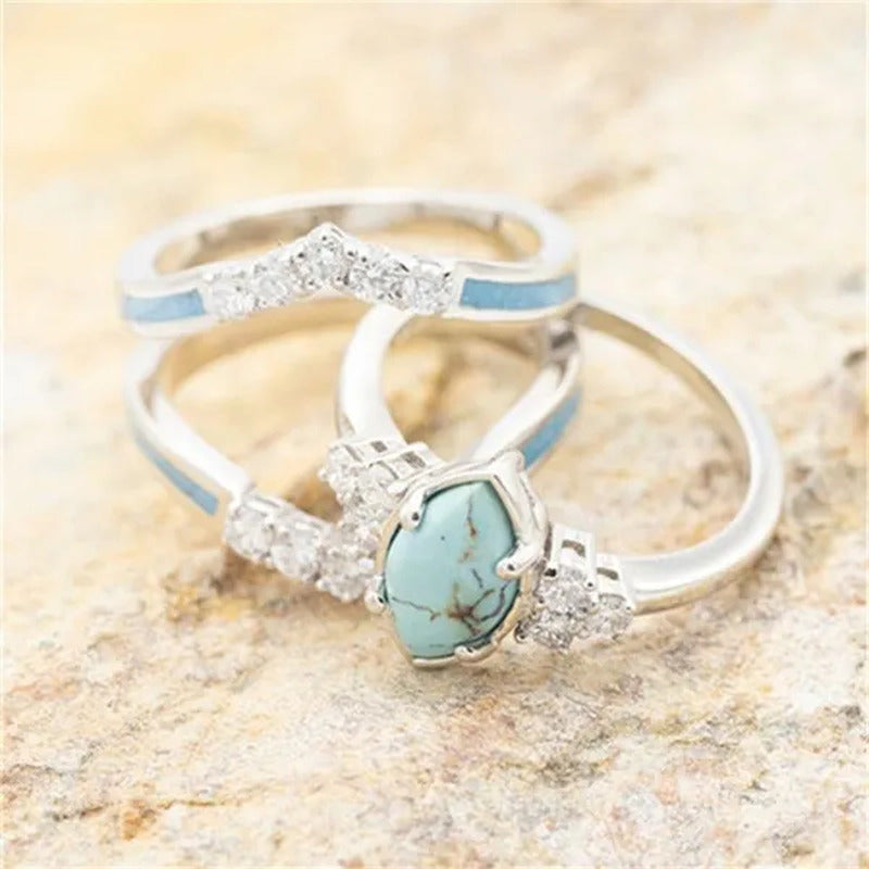 Newest 3Pcs/Set Women'S 18 K Gold Multilayer Hollow Turquoise Ring Band Exquisit