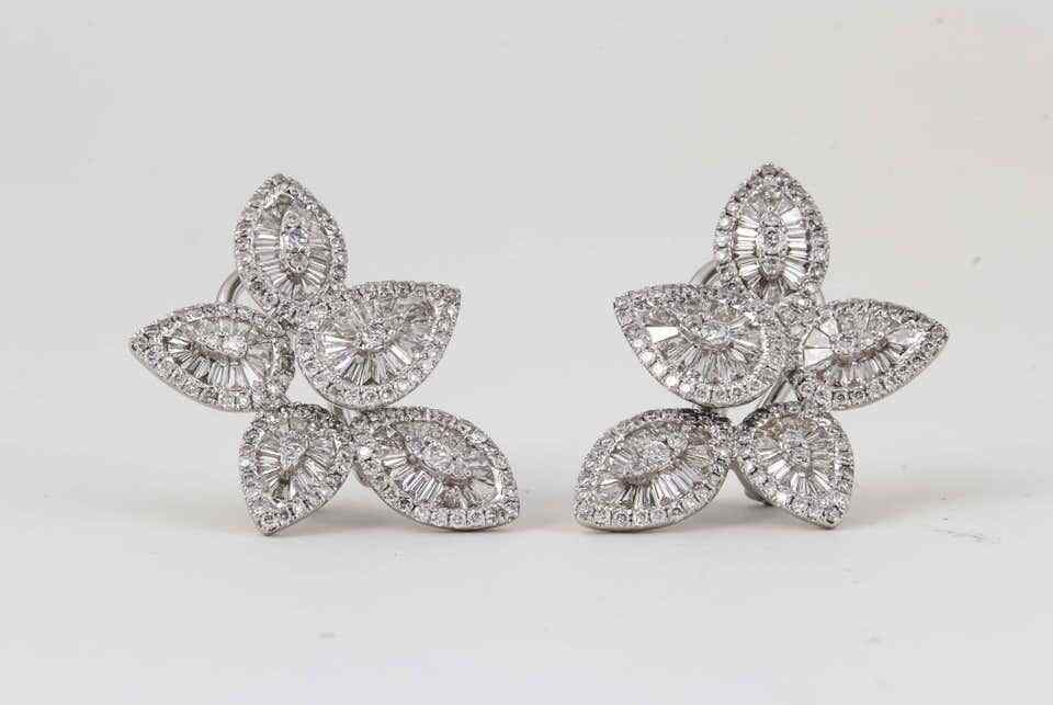 Stunning Baguette and Round Diamond Gold Cluster Earrings