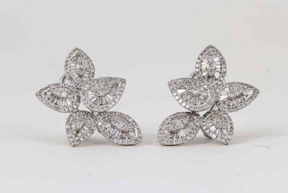 Stunning Baguette and Round Diamond Gold Cluster Earrings
