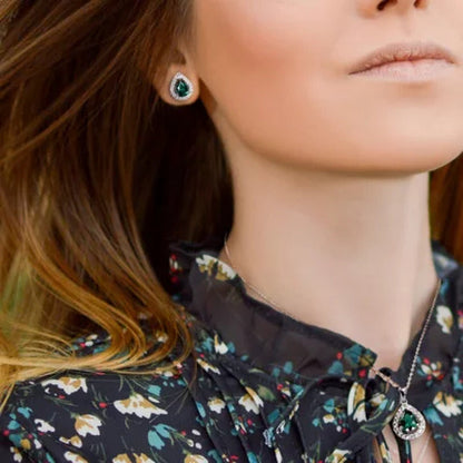 Created Gemstone Teardrop Halo Pendant and Stud Earrings Set in Sterling Silver