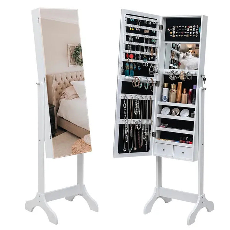 Mirrored Jewelry Cabinet Armoire with Mirror W/Resin Diamond Design Standing Sto