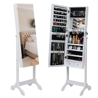 Mirrored Jewelry Cabinet Armoire with Mirror W/Resin Diamond Design Standing Sto
