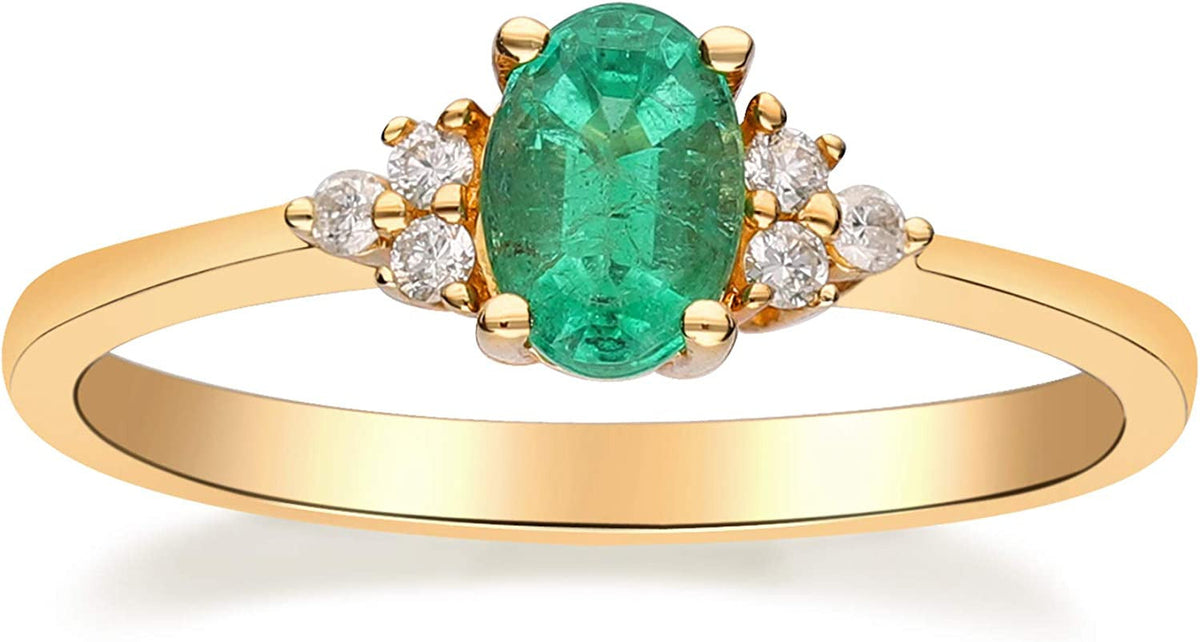 10K Yellow Gold Natural Zambian Emerald Ring with Natural Diamonds for Women | E