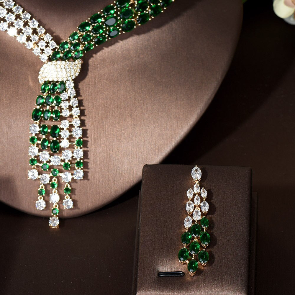 Fashion CZ Big Water Drop Green Color Women Bridal 2PCS Necklace