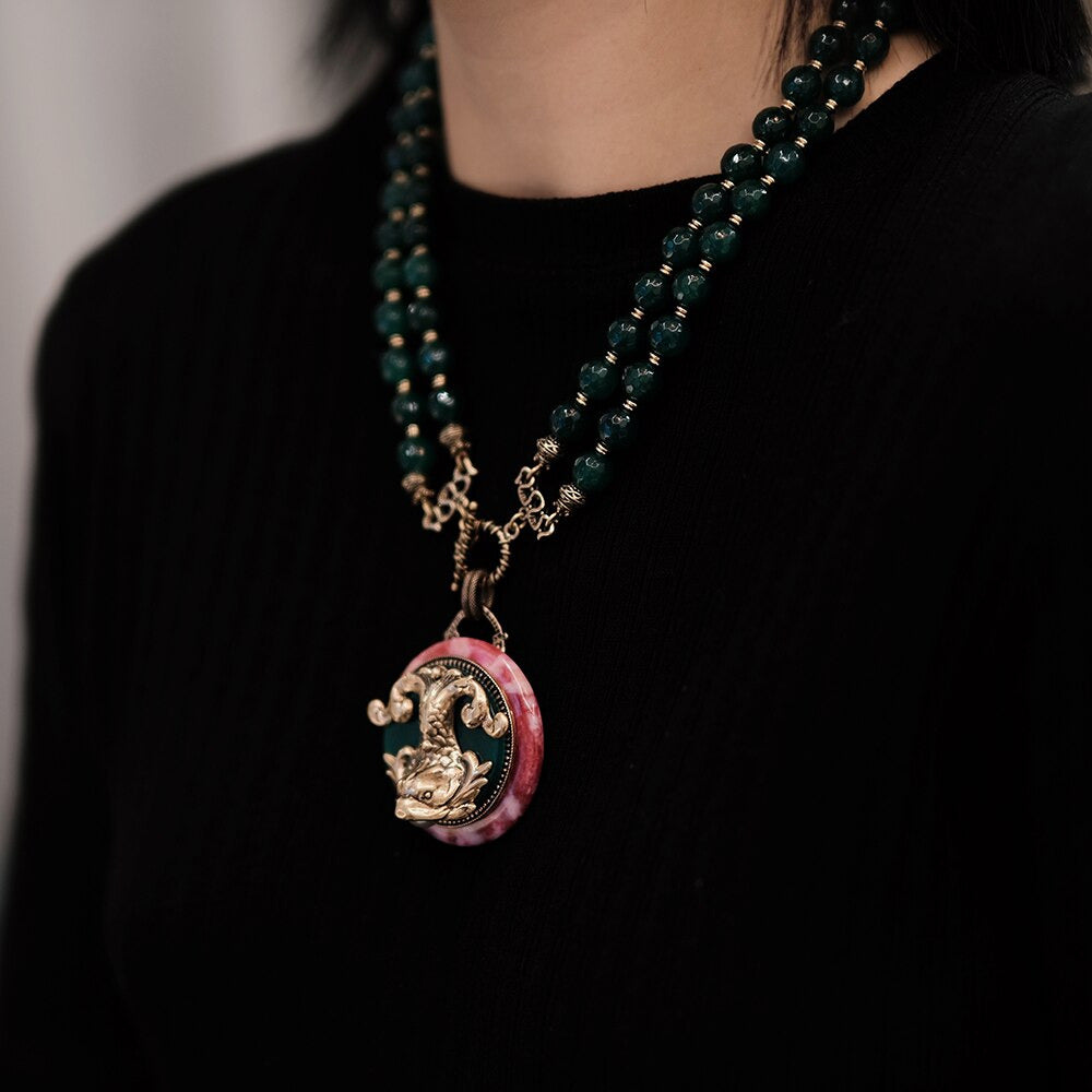 Vintage Fish Design Natural Stone Beads Agate Pearl Necklace