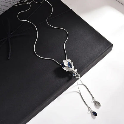 Women'S Fashion Pendant Necklace Rose Flower Studded Tassel Sweater Chain Decora