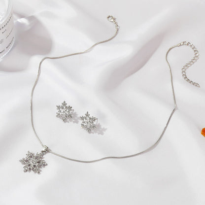 Simple Full Diamond Snowflake Necklace Earring Set