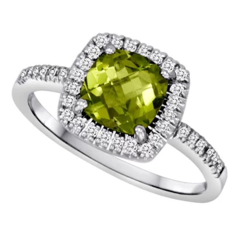 Cushion-Cut Peridot and Diamond Ring in 14K White Gold