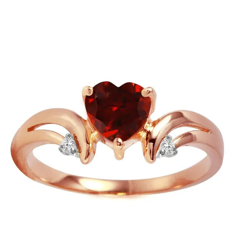 1.26 Carat 14K Solid Rose Gold Ring with Natural Diamonds and Heart-Shaped Garne