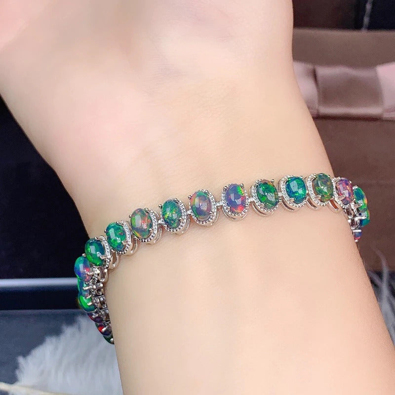 925 Sterling Silver Inlaid Natural Black Opal Bracelet Delicate Female Popular S