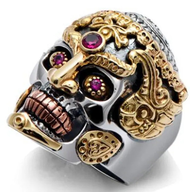 Stainless Steel Top Quality Ruby Gold Color Biker Skull Ring Jewelry