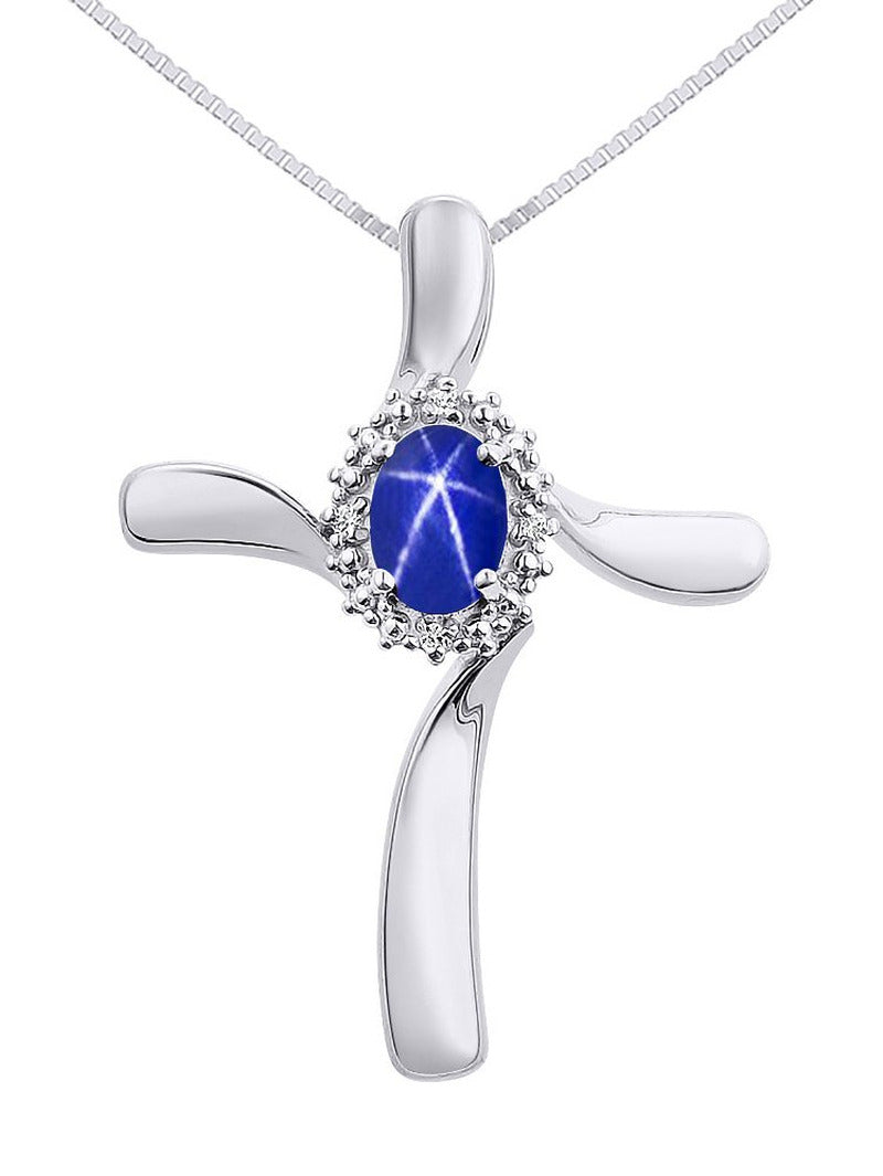 Diamond & Blue Star Sapphire Cross Pendant Necklace Set in Sterling Silver .925