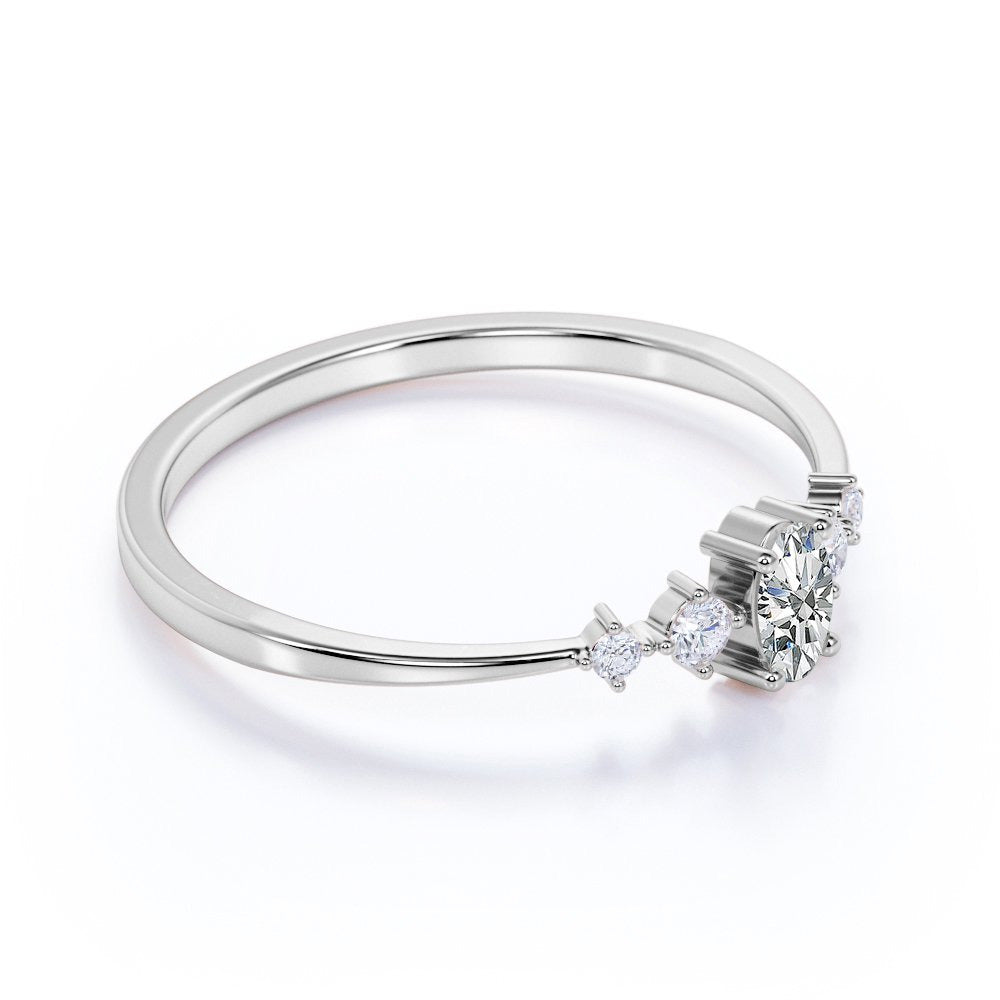 Oval Cut Moissanite and 4 Stone Diamond Fashion Dainty Ring in 10K White Gold