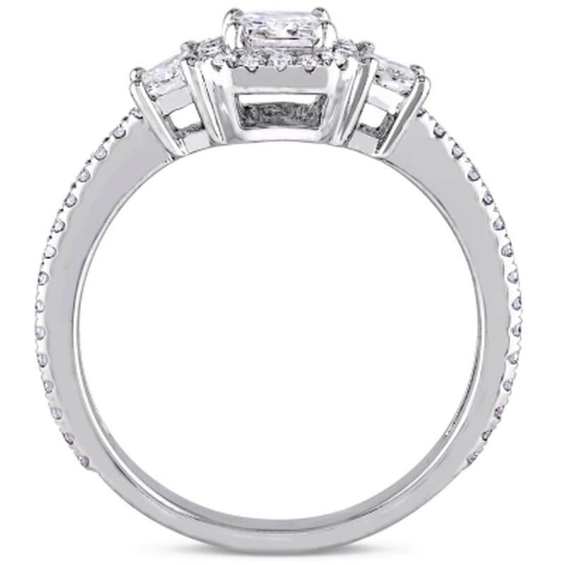 Allura 0.95 CT. T.W. Emerald-Cut Diamond Three Stone Halo Engagement Ring in 14K