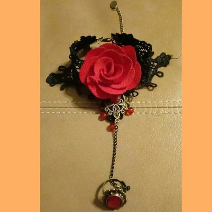 Jewelry Elegant Gothic Style Lace Red Rose Bracelet with Adjustable Finger Ring