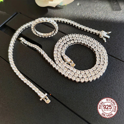 Solid 925 Sterling Silver Tennis Necklace(41-55Cm, 16-22 Inch) Bracelet(15-21Cm)