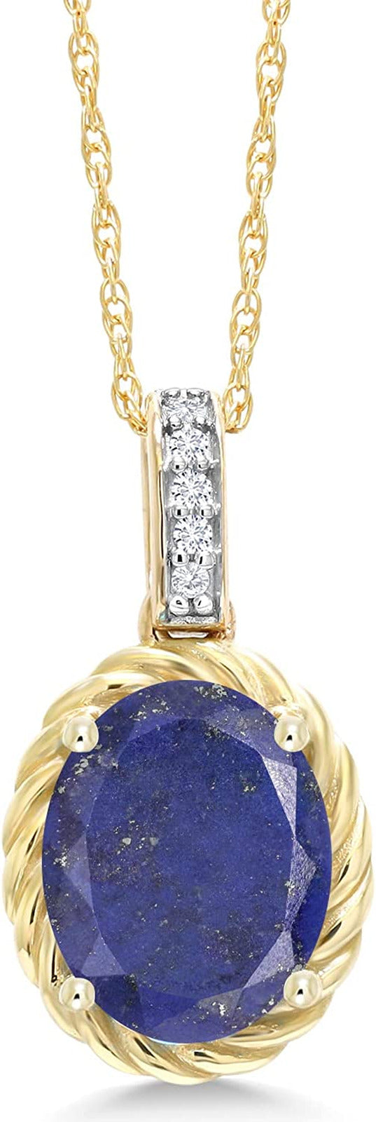 2.04 Ct Oval Blue Lapis White Diamond 10K Yellow Gold Pendant with Chain