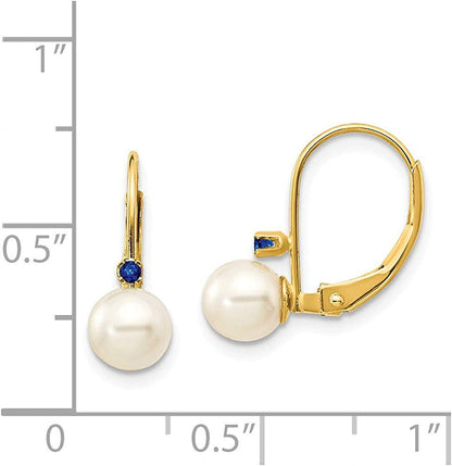 14K Yellow Gold 5-5.5Mm White round FW Cultured Pearl Sapphire Leverback Earring