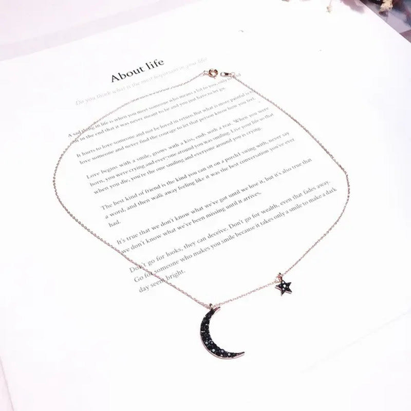 Fashion Black Diamond Star Moon Necklace Simple Moon Clavicle Chain Women
