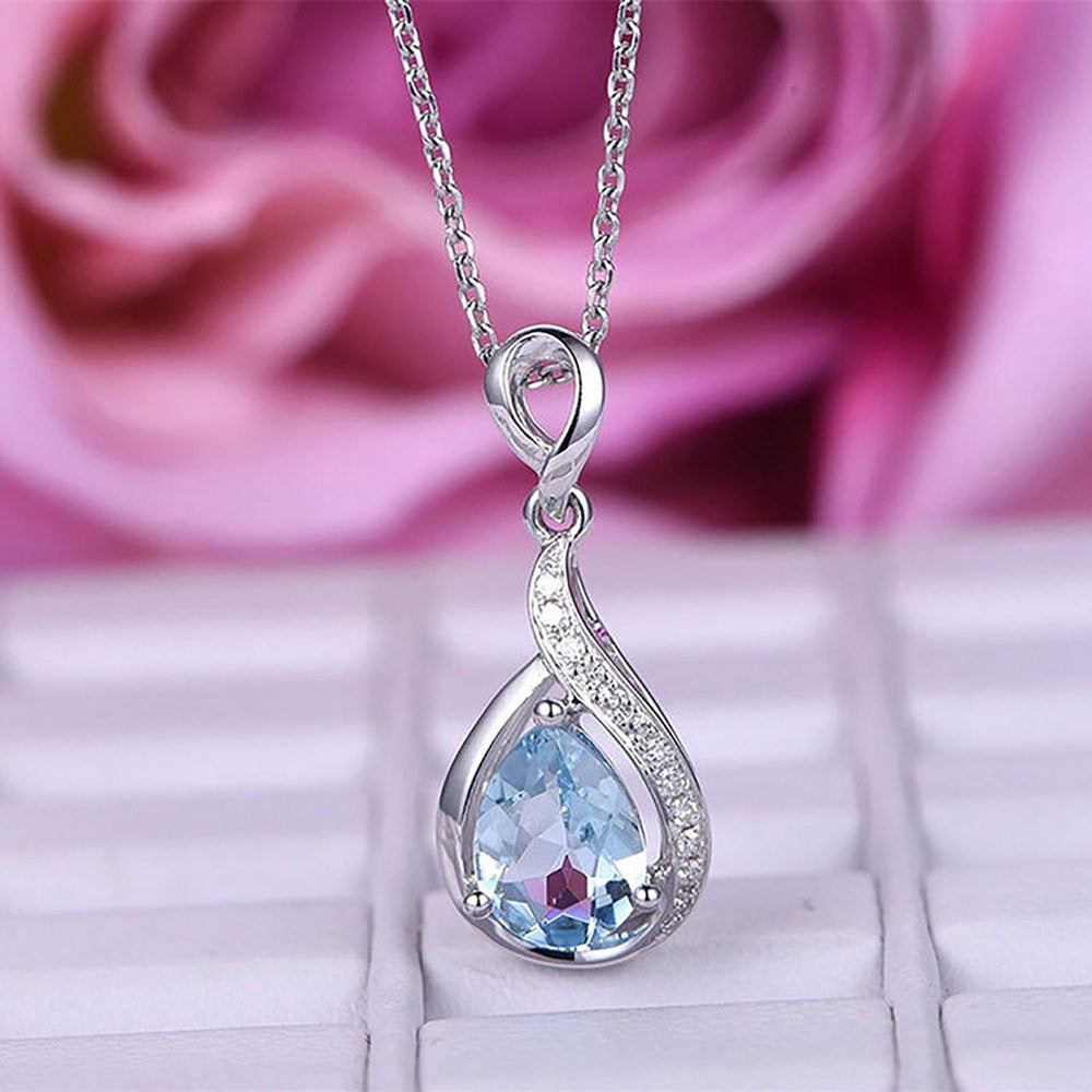 Ice Out Diamond Necklaces Drop Shaped Blue Zircon Clavicle Chain Necklace Birthd
