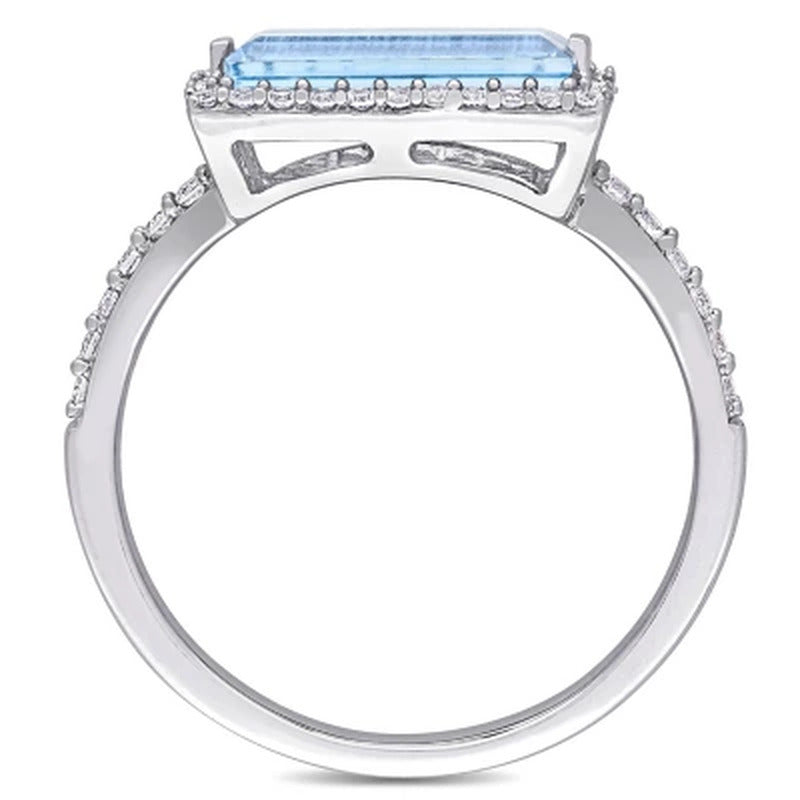 Baguette-Cut Blue Topaz and White Sapphire Halo Ring in Sterling Silver