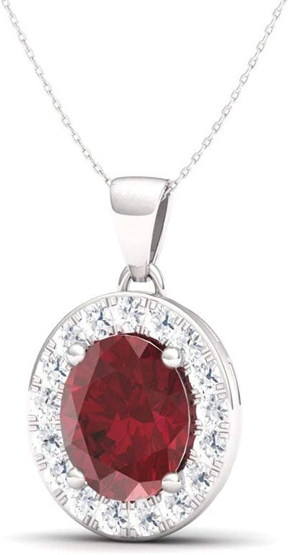 Natural and Certified Oval Cut Gemstone and Diamond Petite Necklace in 14K White