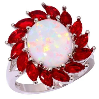 Fashion Women Jewelry White Fire Opal & Ruby Wedding Engagement Ring Size 6-10