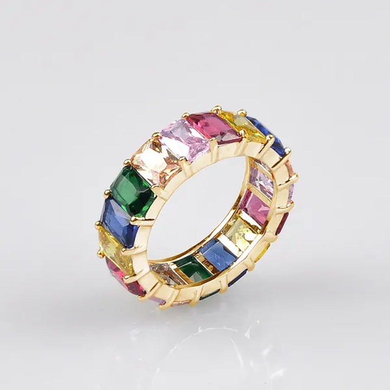 925 Silver Ring Colored Square Rainbow Ring Statement Crown Ring Natural Gemston