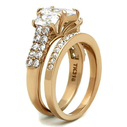 Women'S Stainless Steel 316 Rose Gold Emerald Cut Zirconia Wedding Ring Set Size