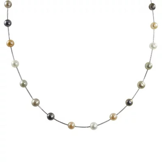 14K White Gold Freshwater Pearl Station Necklace - 17"
