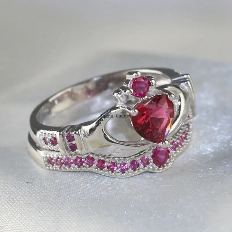 Sz6-12 (TWO RINGS) Couple Rings His Hers 1Ct Ruby S925 Silver Claddagh Ring Wome