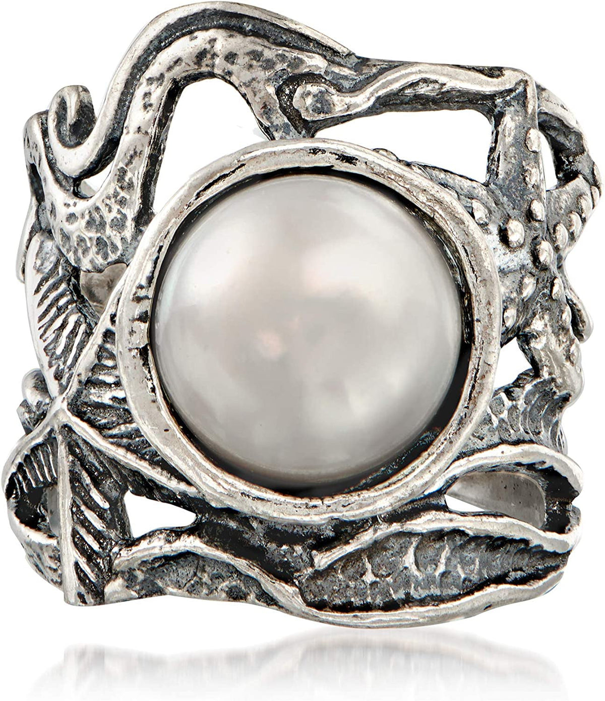 11Mm Cultured Pearl Openwork Sea Life Ring in Sterling Silver