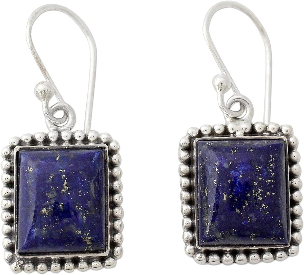 Lapis Lazuli .925 Sterling Silver Rectangular Dangle Earrings 'Good Will Spirit'