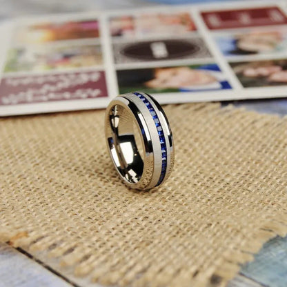Men'S Eternity Titanium Wedding Band Engagement Ring W/ Blue Simulated Sapphire