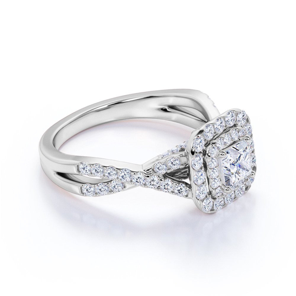 Elegant 1 Carat - Square Cut Diamond - Twisted Band - Pave - Double Halo Engagem