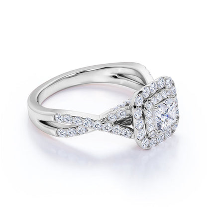 Elegant 1 Carat - Square Cut Diamond - Twisted Band - Pave - Double Halo Engagem
