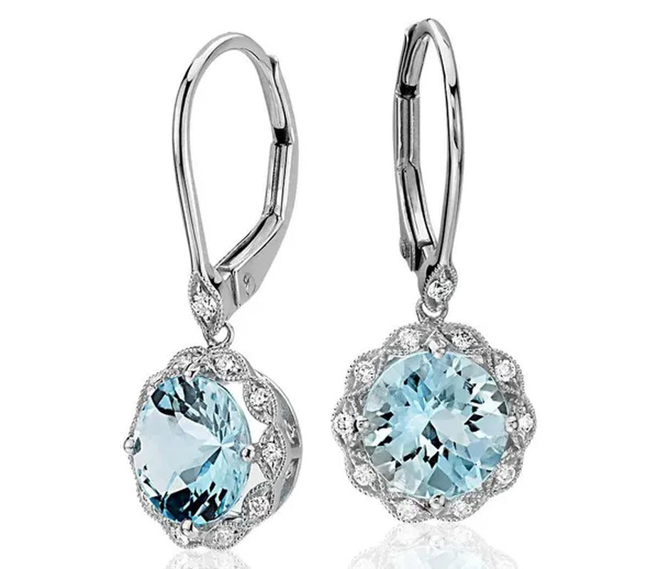 Women Fashion Sterling Silver Earrings Jewelry Natural Gemstone Aquamarine Dangl