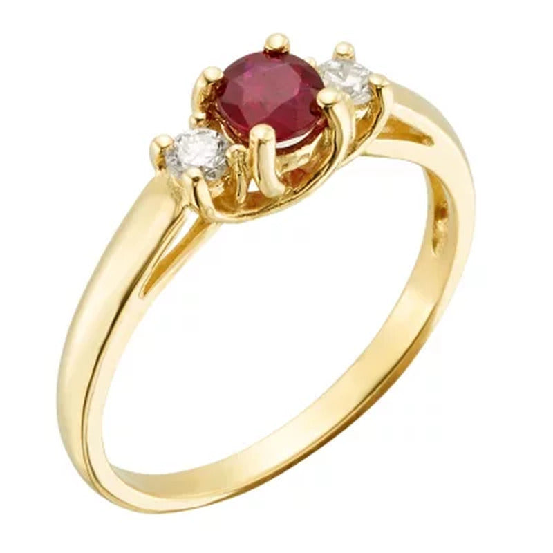 Three Stone round Ruby Ring with 0.14 CT. T.W. Diamond Set in 14K Gold