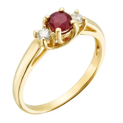 Three Stone round Ruby Ring with 0.14 CT. T.W. Diamond Set in 14K Gold
