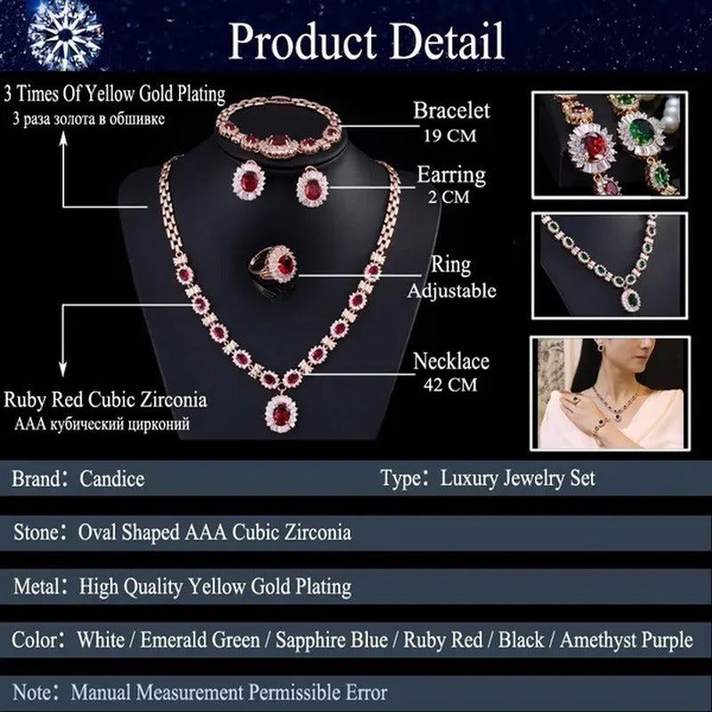 CANDICE Dubai Ruby Wedding 4 Pieces Set Elegant Red Zirconia Paved Yellow Gold P