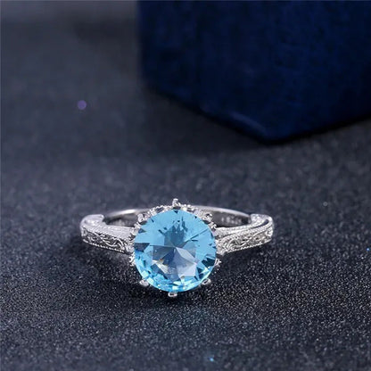 Fashion 2.0Ct round Cut Aquamarine Gemstone Ring Exquisite Silver Carver Flower