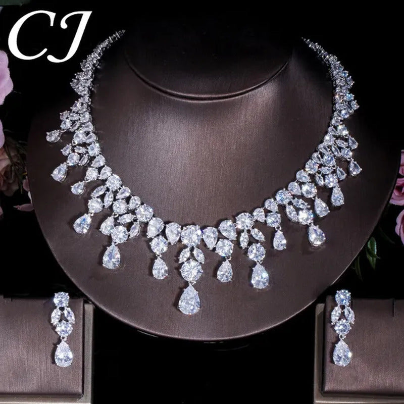 CANDICE Gorgeous Multi Cut CZ Diamond Water Drop Tassel Necklace Earrings Set Hi
