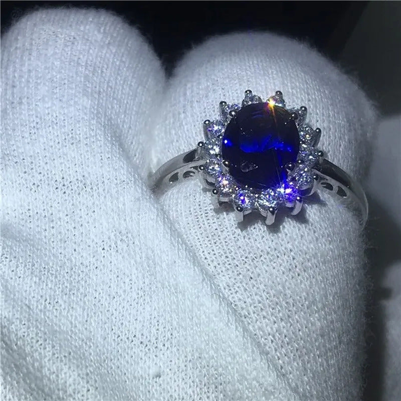 Exquisite Luxury Silver Plated Blue Cubic Zirconia Ring Engagement Wedding Band