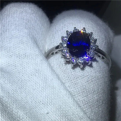 Exquisite Luxury Silver Plated Blue Cubic Zirconia Ring Engagement Wedding Band