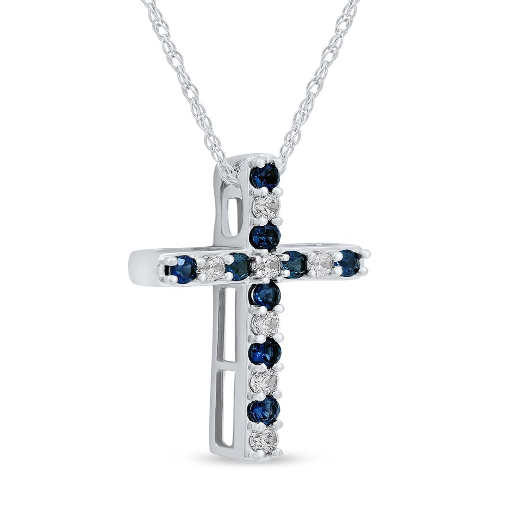 Imperial Gemstone 10K White Gold round Cut Blue Sapphire 1/5CT TW Diamond Cross
