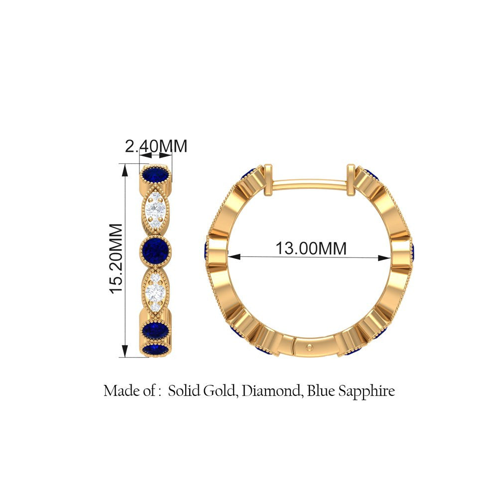 1 CT Blue Sapphire and Diamond Hoop Earrings, Blue Sapphire Vintage Earrings, Ho