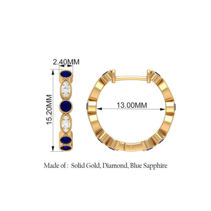 1 CT Blue Sapphire and Diamond Hoop Earrings, Blue Sapphire Vintage Earrings, Ho